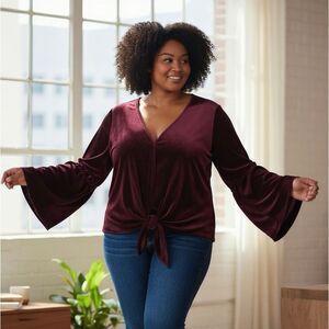 Lavender Field Velvet Bell Sleeve V-Neck Top Large